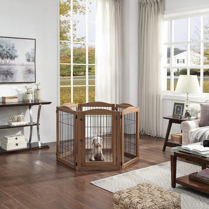 unipaws Pet Playpen with Wood and Wire, 6 Panels Extra Wide Freestanding Walk Through Dog Gate with 4 Support Feet, Foldable Stairs Barrier Pet Exercise Pen for Dogs Cats