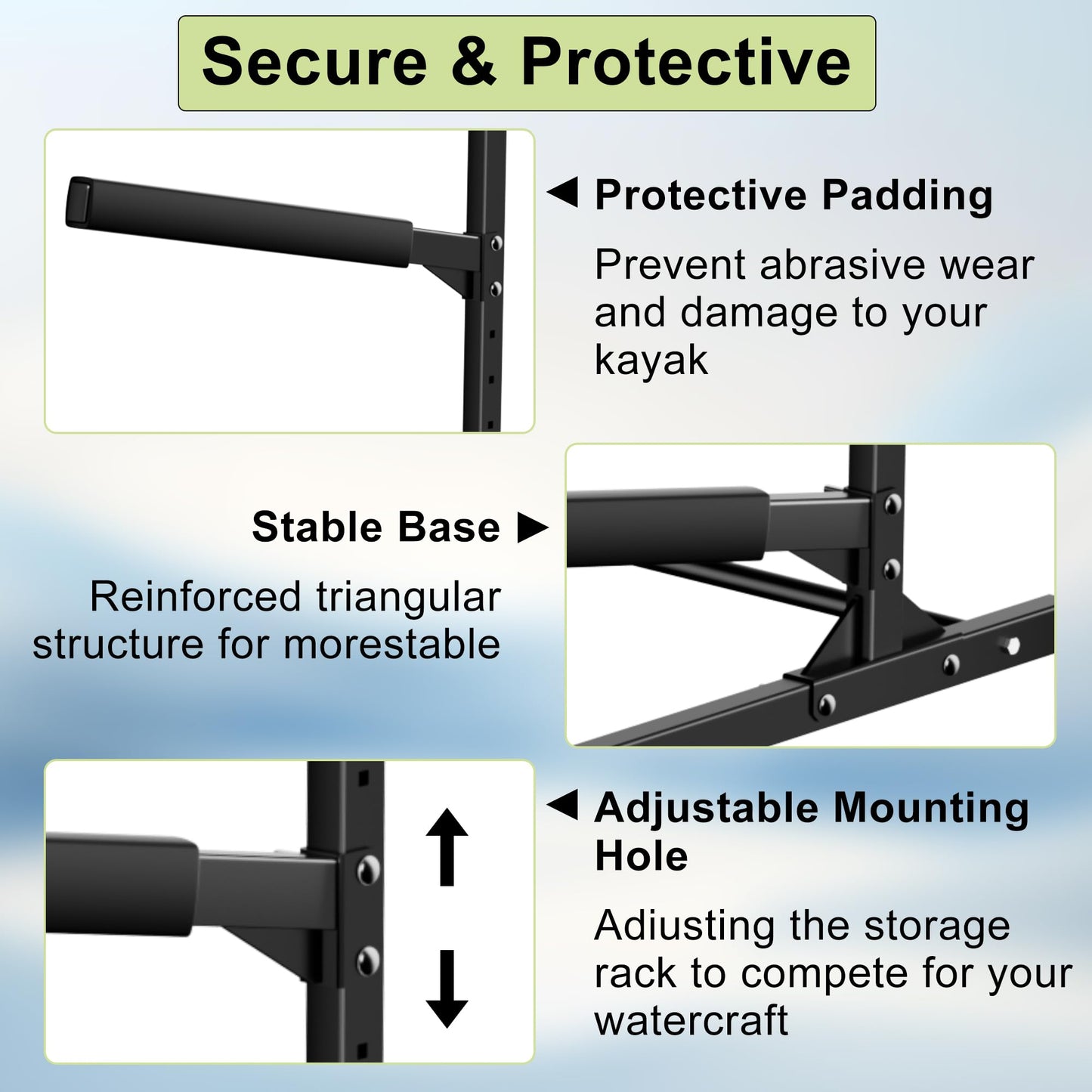FitiRoker 3-Tier Freestanding Kayak Storage Rack, Steel Storage Stand with Adjustable Padded Arms for Kayaks, Canoes, Surfboards and Paddleboards, Indoor Outdoor Garage Organizer