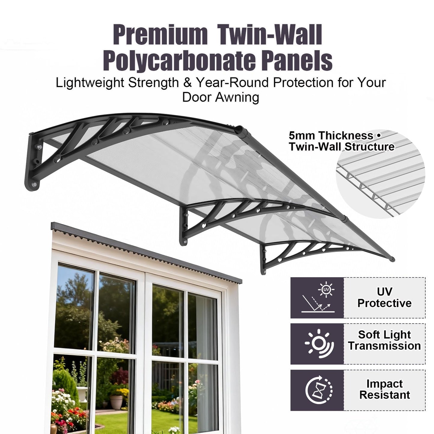 40x60 Inch Window Door Awning Exterior,Polycarbonate Outdoor Overhang Canopy Shelter,UPF 50+ UV Rain Snow Sun Protection,Spliced Overdoor Awnings for Outside,Porch,Patio,Deck,House Entrance