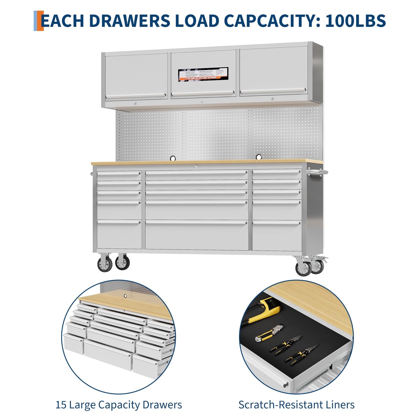 GarveeTech 72 inch Tool Chest, Tool Box Mobile 15 Drawers, Storage Rolling Cabinet with Wheels, Lock Key Locking System Drawer Liners for Garage, Warehouse, Repair Shop
