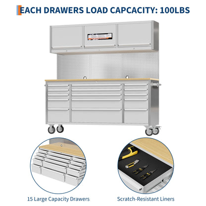 Garvee 72 Inch Rolling Tool Chest Workbench with Solid Wood Top, 15 Drawer Lockable Tool Storage Cabinet on Wheels, Heavy Duty Mobile Tool Box Cart for Garage, Workshop and Repair Shop