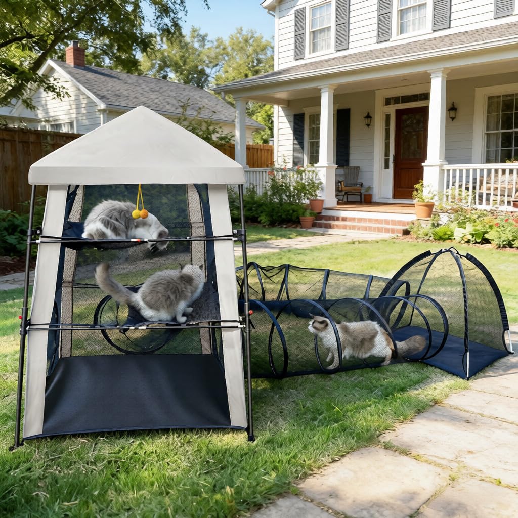 CypherX Extra Large Catio Outdoor Cat Enclosure, 3-Tier Cat Tents with Tunnels for Indoor Cats/Pop Up Cube, Cat Tower Playpen with 2 Tunnels and Tents, Portable Pet Playhouse for Outside, Patio(Grey)