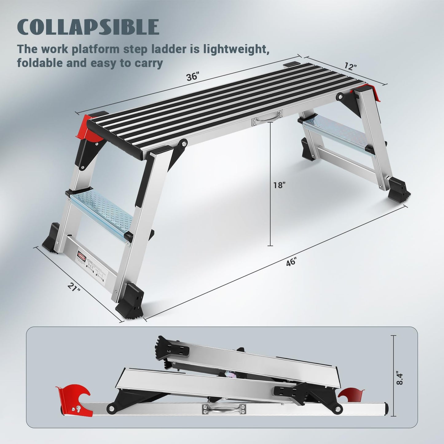 Work Platform, Aluminum Step Ladder, 36"×12"×18" Step Platform Non-Slip, Heavy Duty Folding Work Bench 330 lbs Load Capacity for Washing Vehicles, Cleaning, Painting