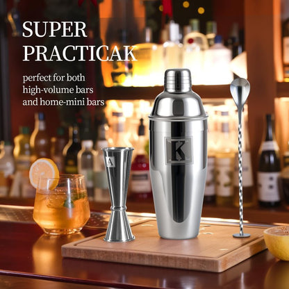 Thecosky 24oz Cocktail Shaker Set with Minimun 1/8oz Scale 1 oz 2oz Jigger - Monogramm Initials Martini Shaker Set - 304 Stainless Steel Bar Shaker - Personalized Gift for Friend,Husband-Blank