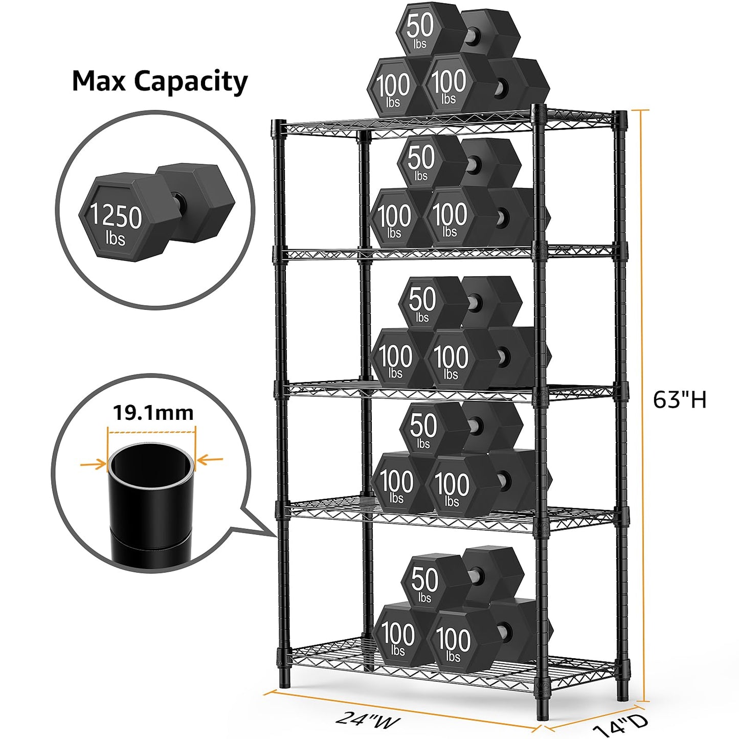 M MZG 2 PCS Storage Shelving Utility Shelving Unit 5-Tier Utility Shelving Unit Steel Organizer Wire Rack for Home,Kitchen,Office (13.7" D x 23.6" W x 62.4" H) (Black+Chrome)