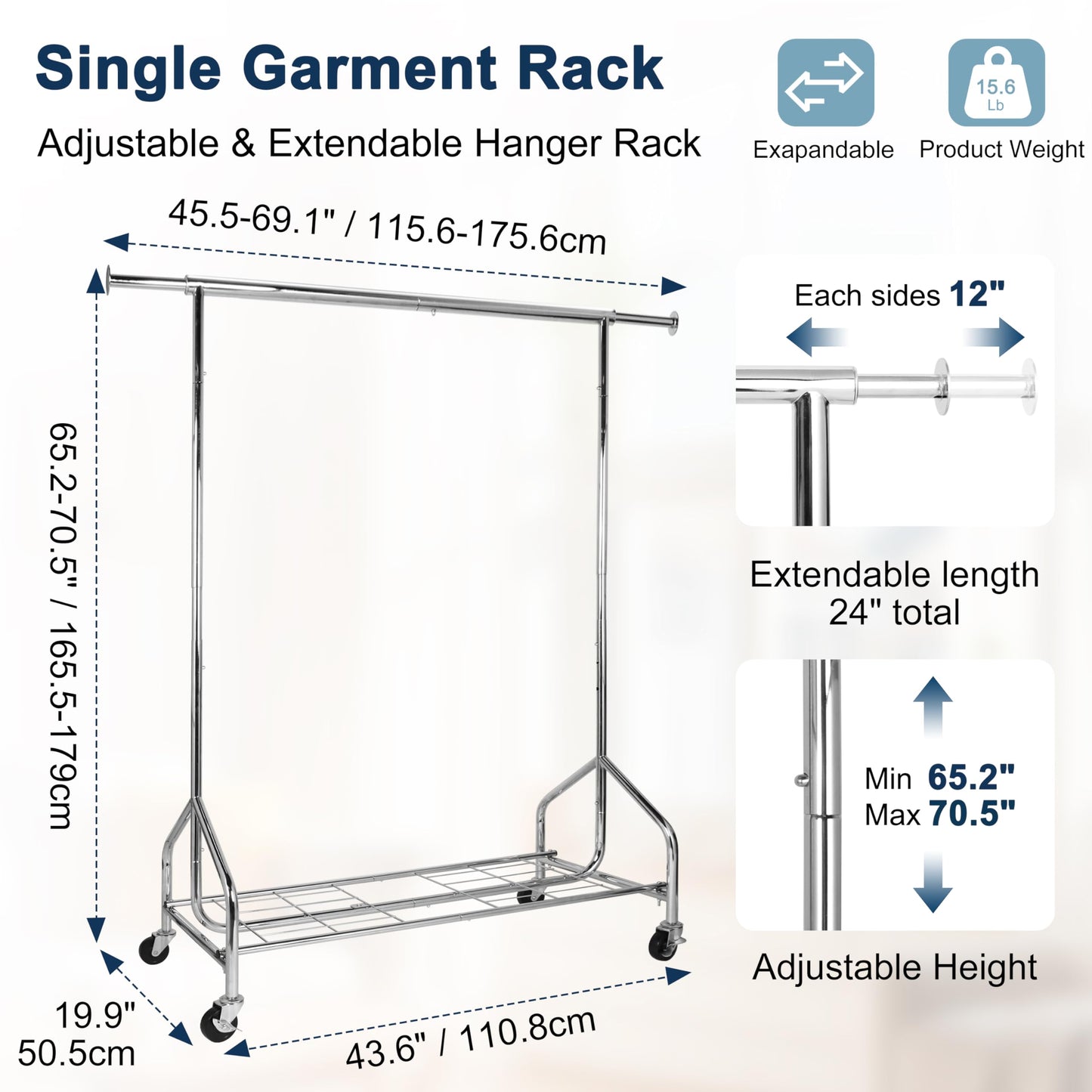 Whitmor Heavy Duty Clothes Rack, Rolling Garment Rack with Lockable Wheels, Adjustable & Extendable Metal Clothing Rack Shelves with Bottom Shelf, Max Load 450LBS for Hanging Clothes, Chrome