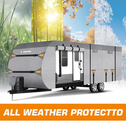 Kingfun Rv Cover Fits 27-30 Ft Travel Trailer Cover, Heavy Duty Camper Cover, with Windproof Straps, Gutter & Tongue Jack Covers, Utility Travel Trailer Cover for All Weather Protection