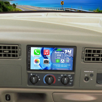 Slakerbe Android 14 Double Din Car Stereo Radio Compatible with Ford F250 F-350 1999-2004, 2G+32G 7" Touchscreen Car Radio w/Wireless Carplay Android Auto GPS WiFi Bluetooth RDS SWC Mic Backup Camera