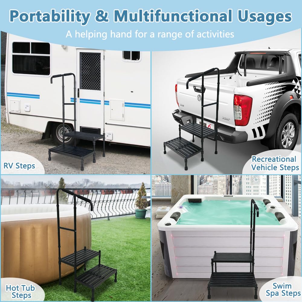 RV Steps with handrails 2 Steps Mobile Home Stairs Steps Outdoor Hot tub Steps with Two handrails Height Adjustable Step Stool Portable Stairs for 5th Wheel RV, Motor Home, Travel Trailer, Camper