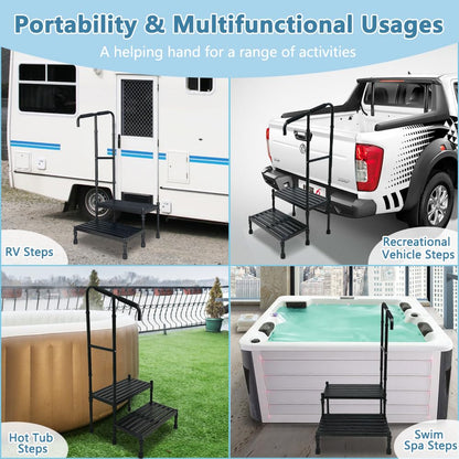 RV Steps with handrails 2 Steps Mobile Home Stairs Steps Outdoor Hot tub Steps with Two handrails Height Adjustable Step Stool Portable Stairs for 5th Wheel RV, Motor Home, Travel Trailer, Camper
