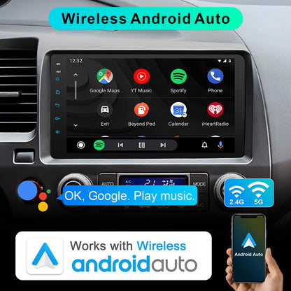 Car Stereo Radio for Honda 2006 2007 2008 2009 2010 2011 with Wireless Carplay & Android Auto,9 Inch 1080P Touch Screen for Civic Radio with Airbag Indicator Bluetooth FM Mirror Link SWC Camera