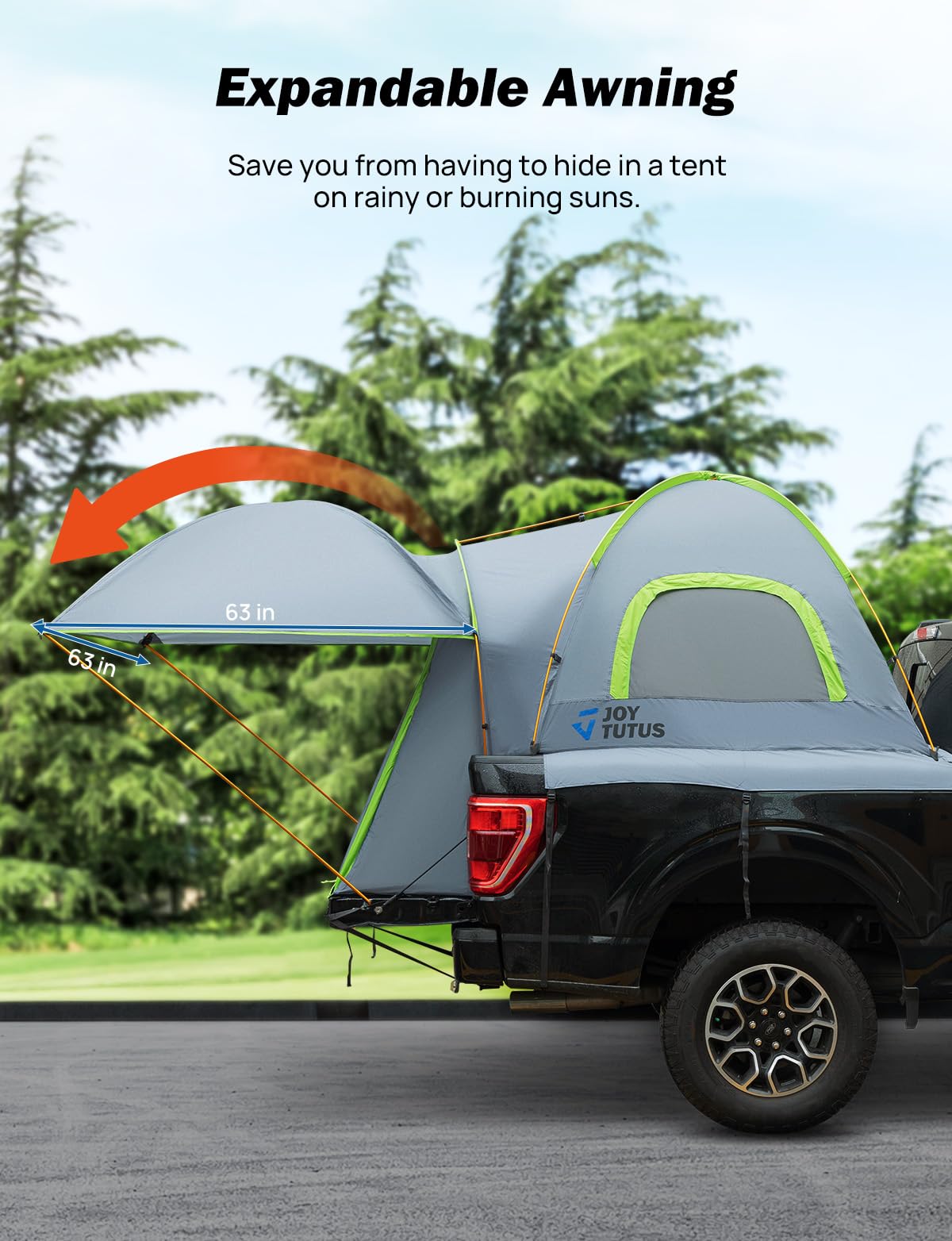 JOYTUTUS Pickup Truck Tent 5.5ft Bed Tent with Removable Awning, Waterproof PU2000mm Double Layer for 2 Person, Portable Truck Bed Tent - Green, Aluminum Pole