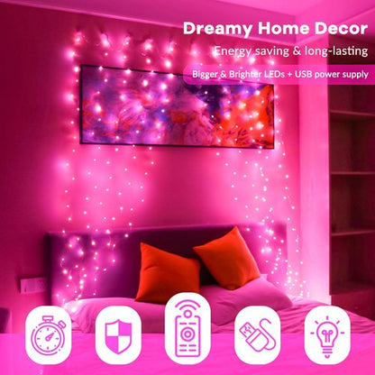 HXWEIYE 300LED Fairy Curtain Lights, 9.8x9.8Ft USB Plug-in 8 Modes Christmas String Hanging Lights with Remote for Bedroom Backdrop Wedding Indoor Wall Decor, Pink, Standard – 1 Pack
