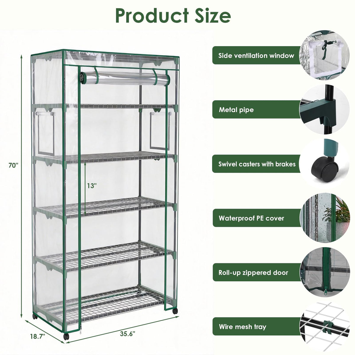 Indoor Greenhouse with Grow Lights & Wheels, 5 Tier Wire Shelf PVC Tent Portable Mini Green House Cabinet Kit for Plant Seed Starting Mushroom Grow
