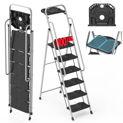 6 Step Foldable Step Ladder Stool with Roomy Tool Tray and Secure Handrail, Foldable Platform Ladder 6 Step Folding Stepstools with Wide Pedals and 800lbs Weight Capacity for Adults, Home, Kitchen