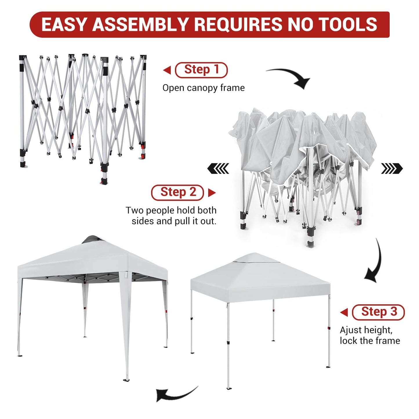10 x 10 FT Pop Up Canopy Tent, Height Adjustable Sun Shade Shelter with Top Vent, Commercial Portable Instant Canopy with Wheeled Carry Bag, Waterproof Party Tent for Patio, Garden, White