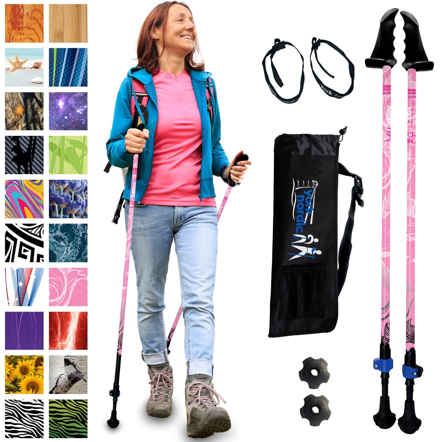 York Nordic Motivator Walking Poles for Balance and Rehab - Patented Stability Grips - Lightweight, Adjustable, and Collapsible - 2 Pieces Adjustable w/flip Locks - Heights 4'6" up to 6'2" - 230 lbs