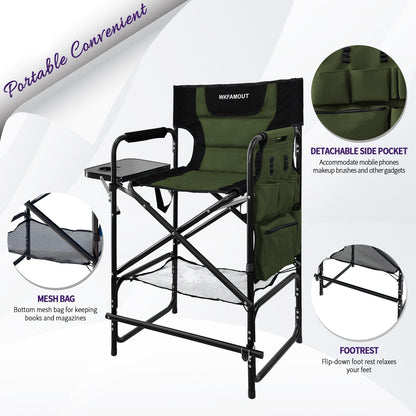 WKFAMOUT Tall Folding Directors Chair with Side Table 30.71" Seat Height Foldable Camping Chair Bar Stool for Makeup Artist Face Painting with Footrest and Storage Pocket Supports 350LBS
