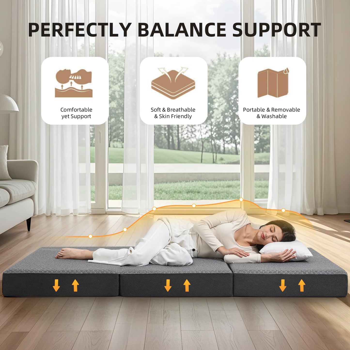 Comtrihion Portable Tri-Fold Memory Foam Mattress – 4-Inch Single Size Foldable Mattress with Washable Cover, Handle & Non-Slip Base for Travel, Camping, RV, Guest Rooms & Yoga