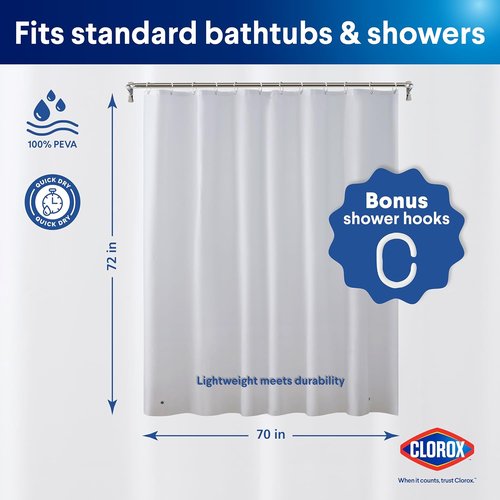 Clorox Shower Curtain Liner - Premium Waterproof 4g PEVA with Weighted Magnets | Standard Size 70" x 72", Frosty