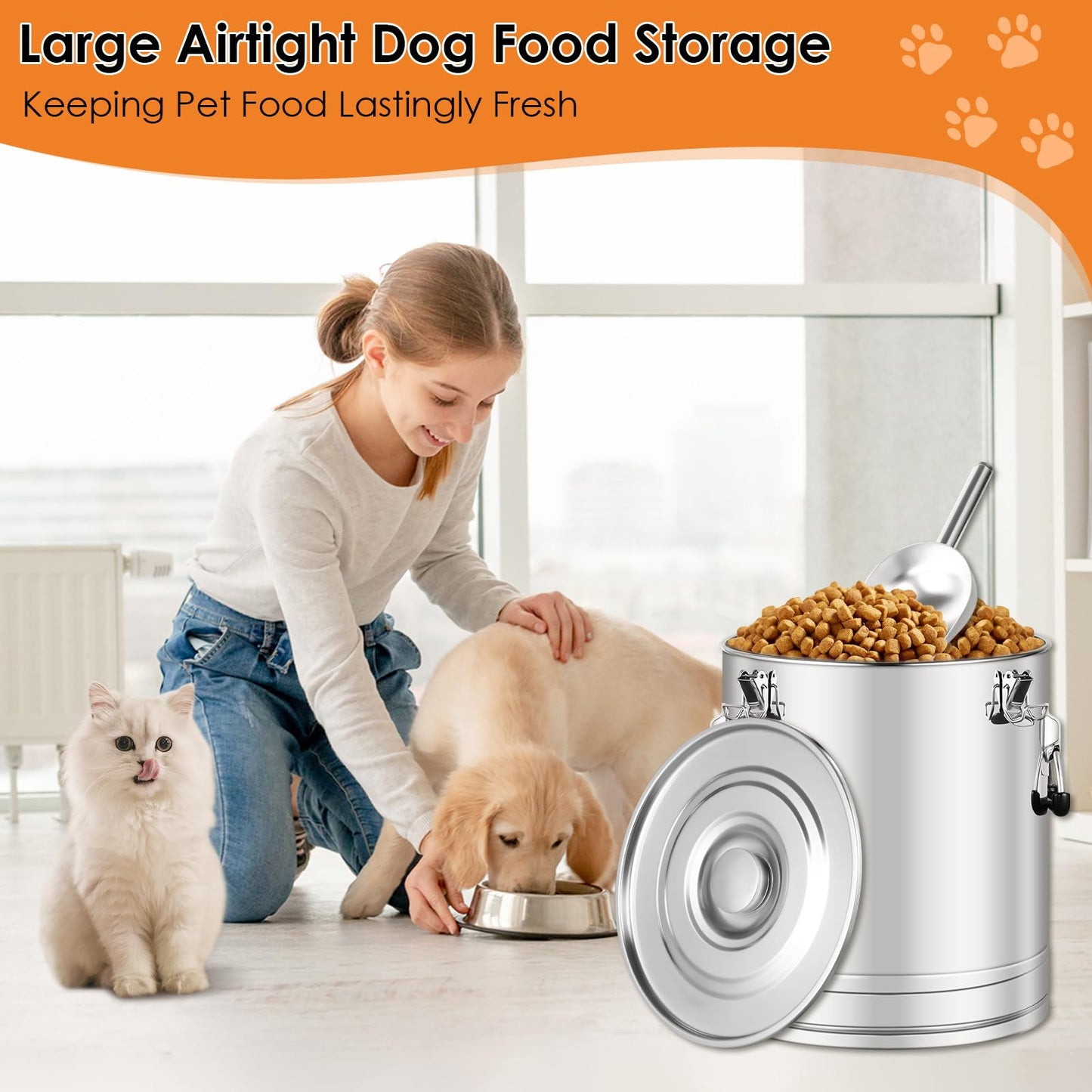 Stainless Steel Dog Food Storage Container,50LB/55LB Airtight Dog Food Storage Container with Lid to Keep Fresh,Easy Clean Large Pet Food Storage Container with Scoop for Cat Food,Chicken Feed,Rice