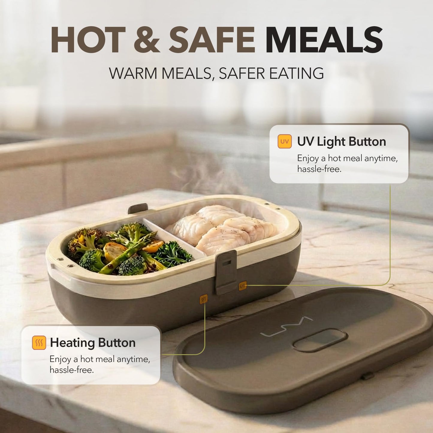 UVI, Self Sanitizing Electric Lunch Box for Adults, Portable Food Warmer for Work & Travel, Portable Heated Lunch Box for Men & Women (Charging Box Not Included)