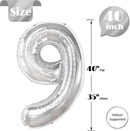 9th Birthday Decorations | Silver 40-Inch Number Balloon - Giant Party Supplies for Boys & Girls