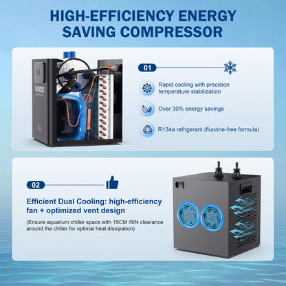 VEMOKO Aquarium Chiller 79 GAL - Water Chiller for Aquarium 1/3 HP Energy Efficient Fish Tank Water Chiller for Axolotl, Coral, Jellyfish, Freshwater & Saltwater Quiet Cold Plunge Chiller 300L