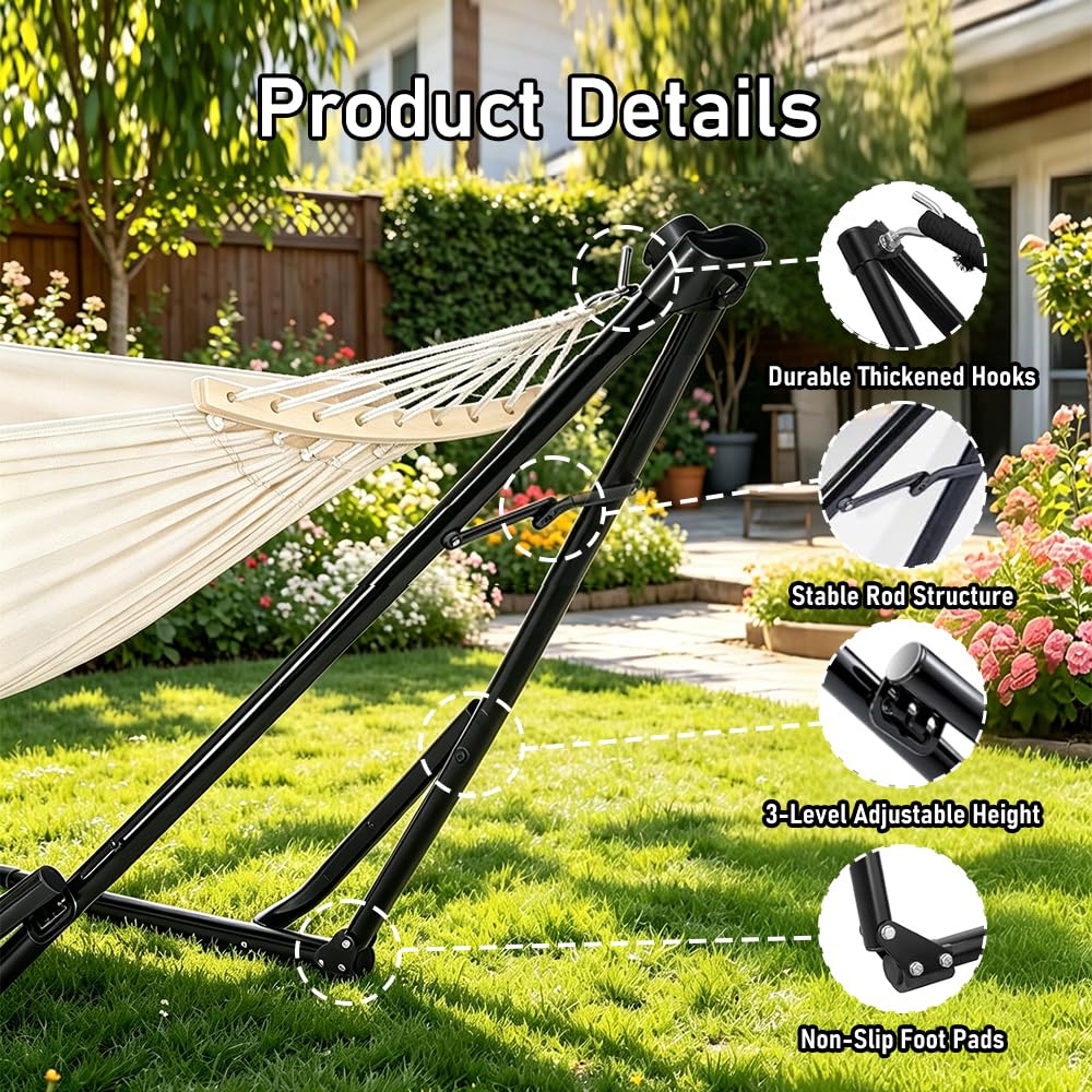 2-in-1 Hammock Chair with Stand for Adults, Portable Hammock with Collapsible Steel Frame, Adjustable Folding Design for Outdoor & Indoor Use, Patio, Camping, Travel, Supports 440 LBS