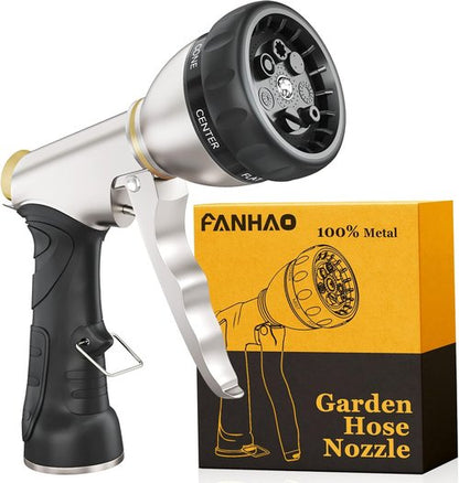 FANHAO Heavy Duty Metal Garden Hose Nozzle - 7 Spray Patterns for Efficient Watering & Cleaning