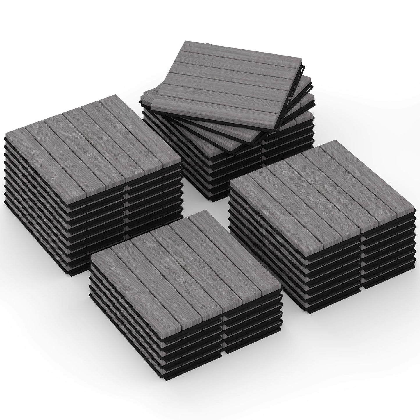 Rovibek Acacia Wood Interlocking Deck Tiles, 30PCS 12"x12" Outdoor Waterproof Decking Tiles, All Weather Use for Balcony Patio Backyard Poolside, Indoor & Outdoor, Striped Gray