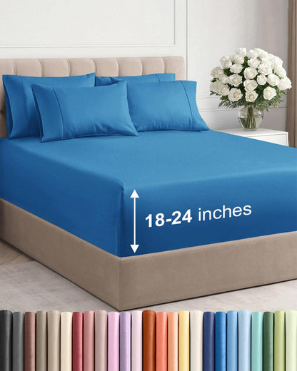 Skiennix Extra Deep Full Sheet Set | 6-Piece Breathable Cooling Bedding - Soft, Wrinkle-Free Denim Blue
