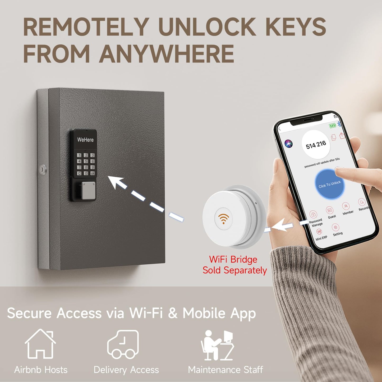 WeHere 32-Key Smart Key Lock Box Wall Mount – Commercial Key Cabinet with App, Bluetooth & WiFi Unlock (Sold Separately), Access Log Tracking, Key Management System for Rental, Office, Property