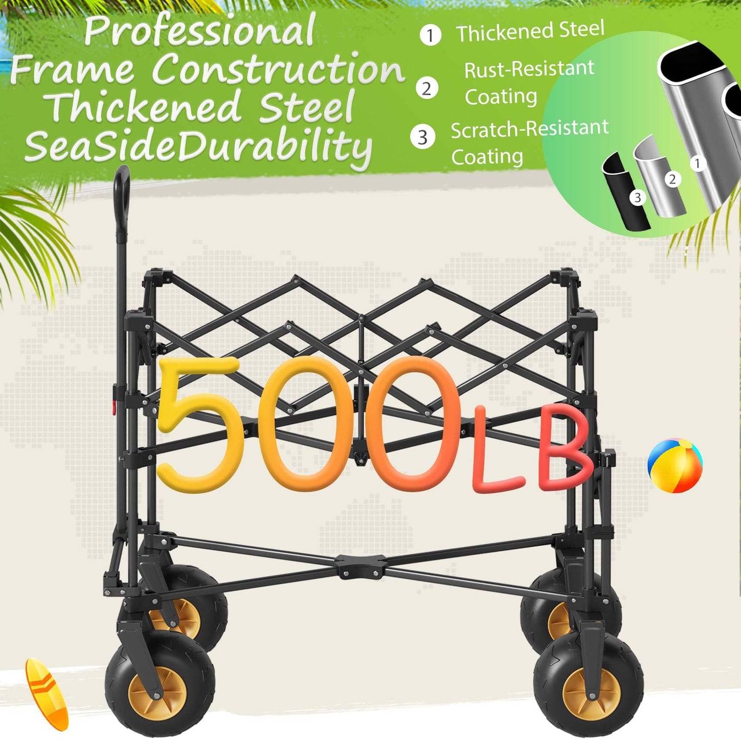 Beach Wagon with Big Wheels for Sand,Heavy Duty Double Decker Wagon with Extender,400L Extra Large Foldable Wagon Cart with 9" All Terrain Inflatable Tires,for Beach Camping Garden and Sports, Black