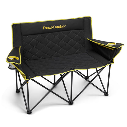FanttikOutdoor Zeta L11 Duo Pro Double Camping Chair, 2 Person Portable Folding Couch, High Strength Loveseat with Cup Holder & Carry Bag for Travel, Games, BBQ, Backyard, Support up to 600 lbs, Black