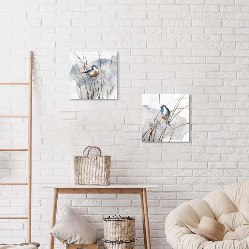 Abstract Bird Picture Wall Art: Animal Birds on Reed Artwork Painting on Canvas for Living Room (16” x 16” x 2 Panels)