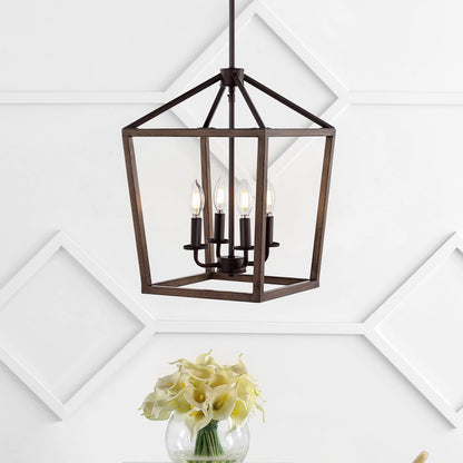 JONATHAN Y Pagoda 4-Light Iron Pendant, 13in Rustic, Bohemian, Faux Wood-Oil Rubbed Bronze, Model JYL1322A