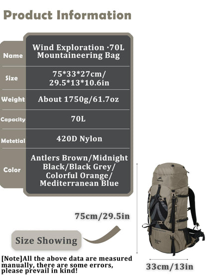 Naturehike 70+5L Hiking Backpack with Rain cover, Waterproof Lightweight Camping Backpack for Men & Women, Travel(Brown)