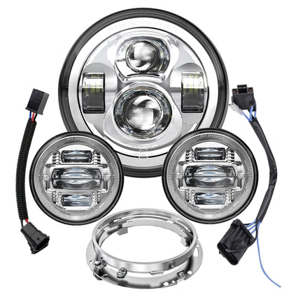 7 Inch Motorcycle LED Headlight 4.5" Fog Passing Lights DOT Kit for Harley Davidson Street Glide Touring Road King Electra Glide Fat boy Ultra Classic Heritage Softail Switchback CVO Tri Glide Chrome