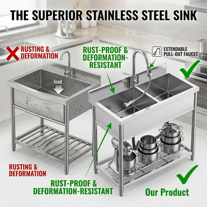42" x 22" Freestanding Stainless Steel Utility Sink with Pull Down Faucet and Workbench Top, Extra Wide Basin for Laundry Room, Garage, or Workshop