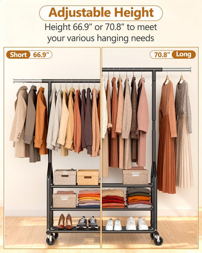 EAGMAK Heavy Duty Clothes Rack Load 686 LBS, Rolling Clothing Rack with 3 Shelves, Height Adjustable Metal Coat Racks, Portable Garment Closet Wardrobe Organizer with Wheels for Hanging Clothes, Black