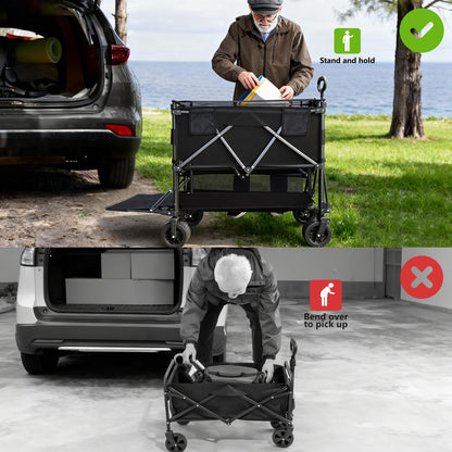 Double Decker Wagon with Retractable Mesh & Tailgate - 560Lbs Load Heavy Duty Foldable Collapsible Wagon Cart with Wheels for Camping, Beach, Groceries, Sports (Black)