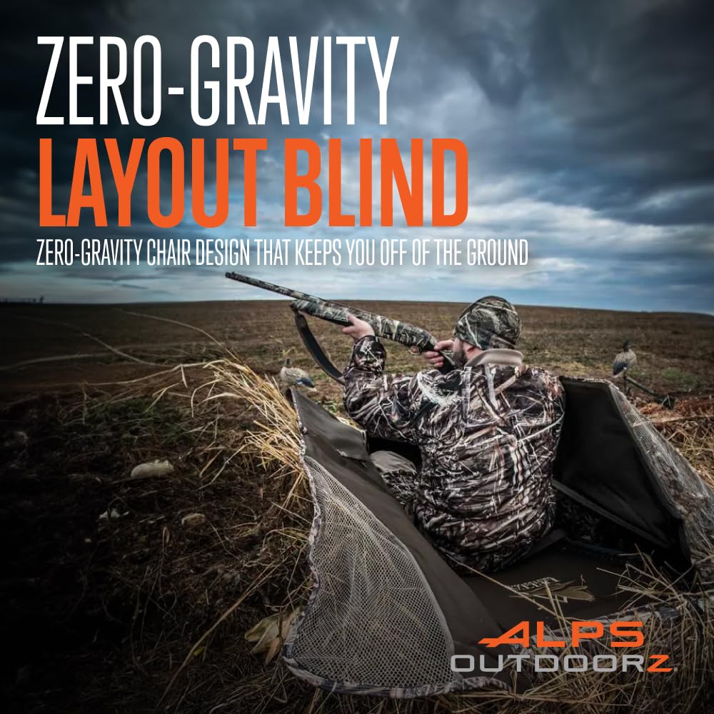 ALPS OutdoorZ Zero-Gravity Layout Blind - Advanced Hunting Blind in Realtree MAX-7, with Flared Fabric, Heavy-Duty Stakes, Padded Seat & Headrest, Gear Pockets, and Backpack Straps