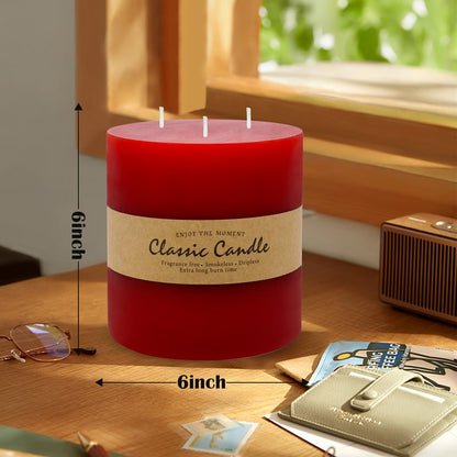 3 Wick Red Extra Large Pillar Candle, 6" x 6", Unscented, Dripless, Smokeless, and Clean-Burning. Approx. 120 Hours of Burn Time. Perfect for Weddings, Dinners, Christmas and Home Decor