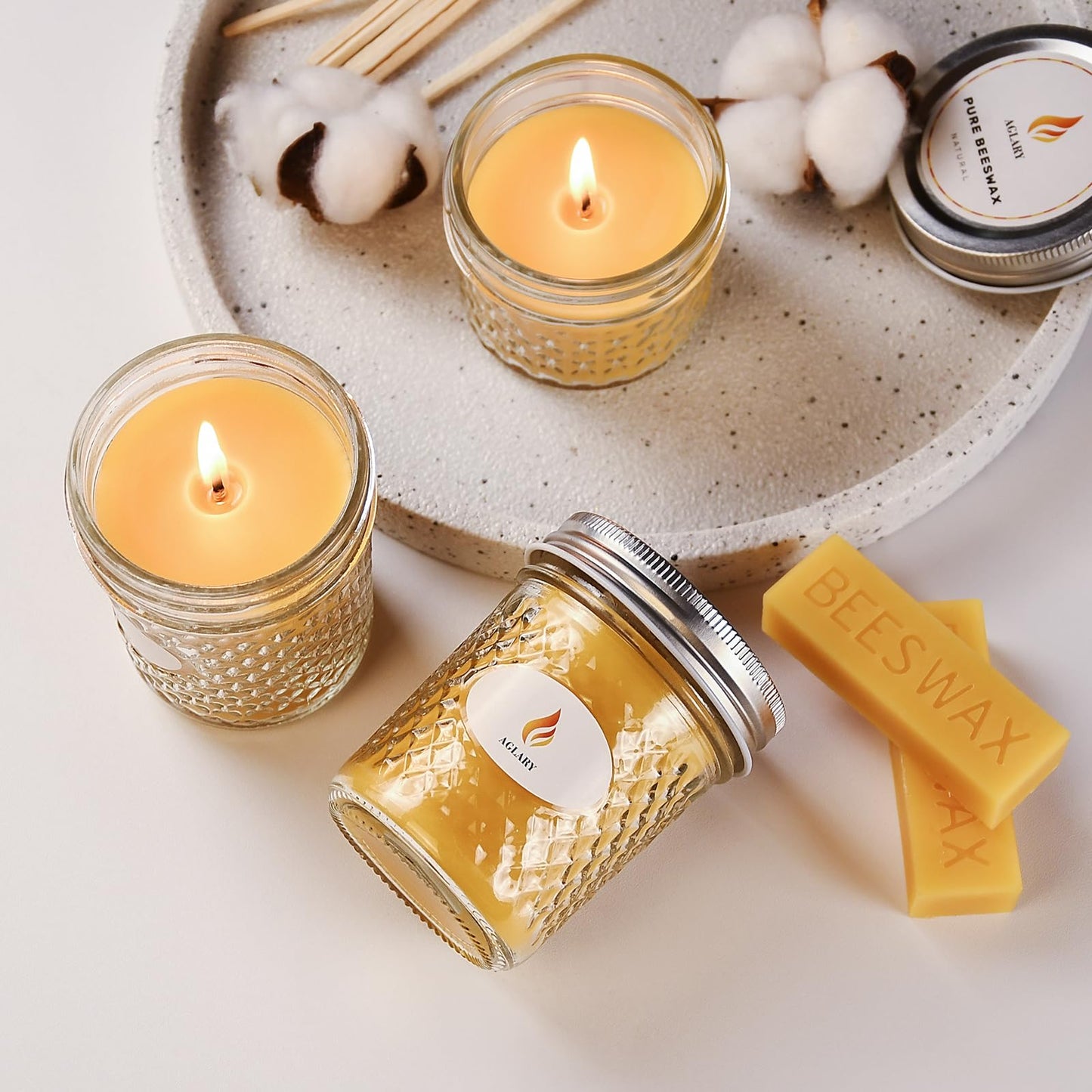 AGLARY Beeswax Candle in Glass, 5oz,Over 26H Burn Time, Elegant and Natural Home Lighting,Unscented Beeswax-Raw