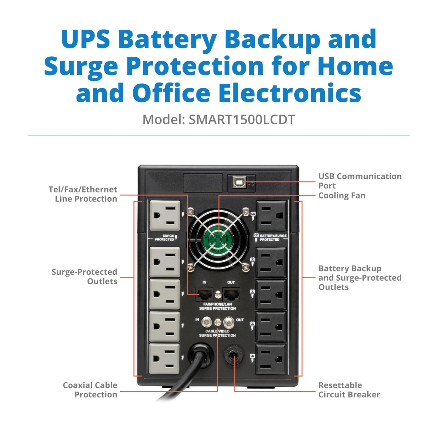 Tripp Lite 1000VA Smart UPS Battery Back Up, 500W Tower, 8 Outlets, LCD Display, AVR, USB, Tel / DSL / Coax Protection, 3 Year Warranty & $250,000 Insurance (SMART1000LCD) Black
