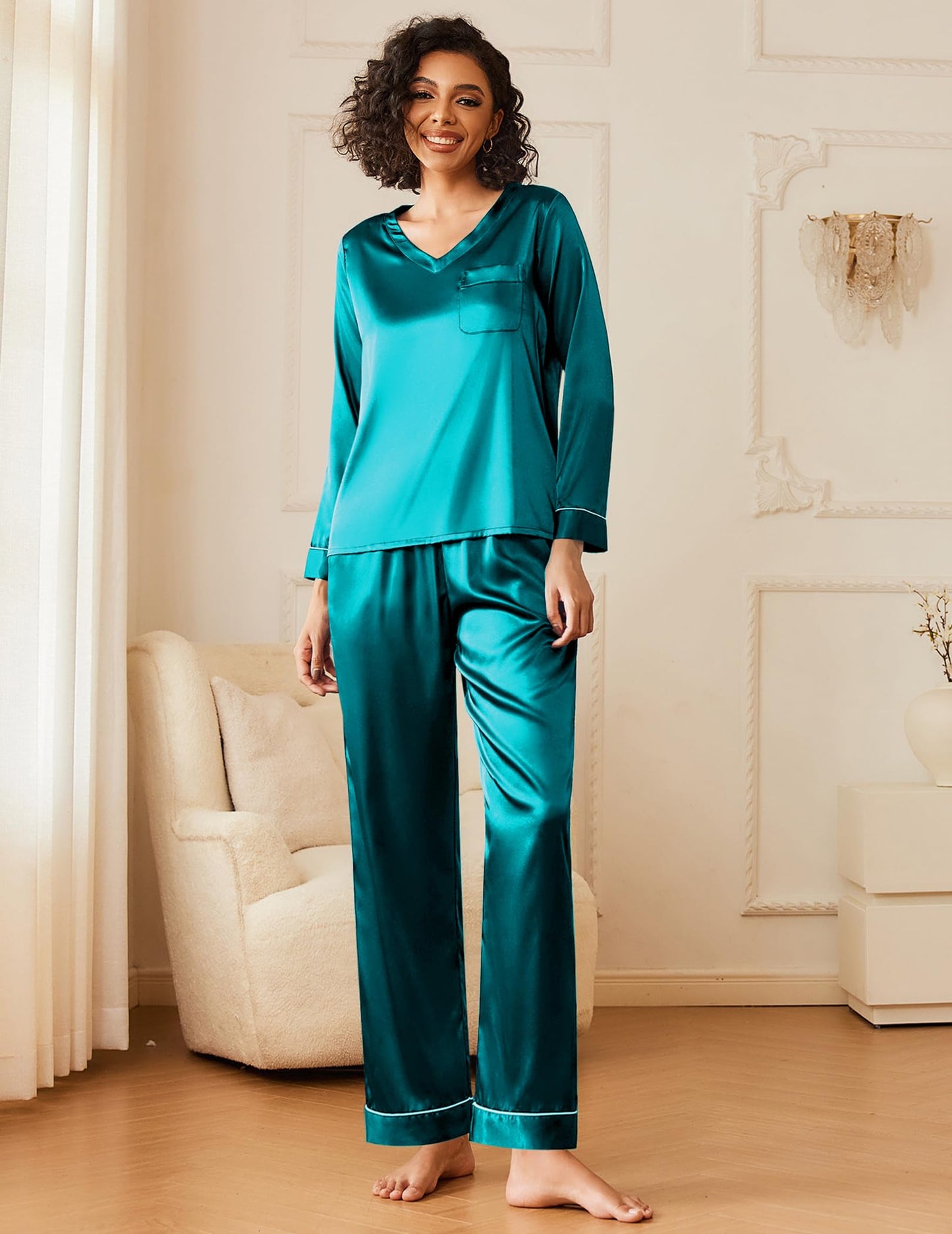 Ekouaer Silk Pajama for Women Long Sleeve Satin Pj Set Two Piece Soft Sleepwear Loungewear S-XXL