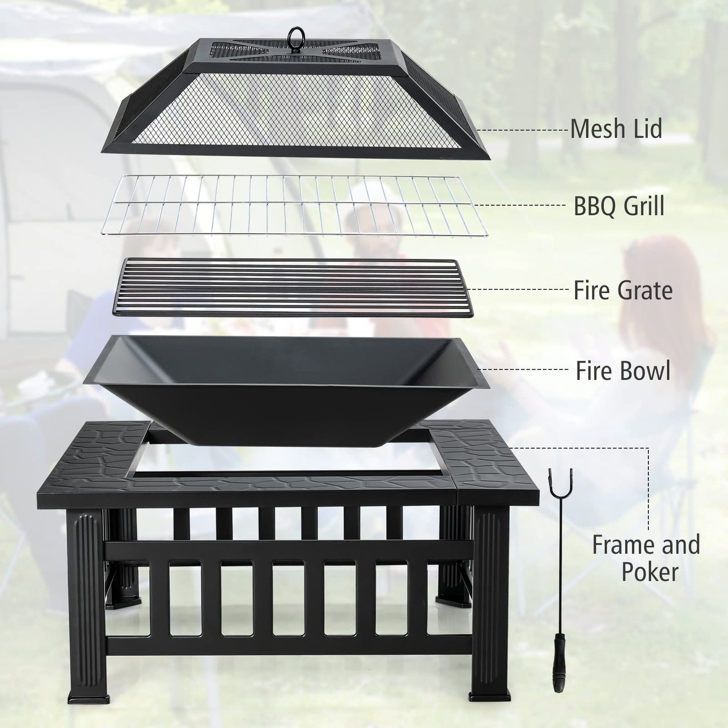 OFFICEJOY 32 inch Outdoor Fire Pit, 3 in 1 Bonfire Wood Burning Fire Pit Table with Spark Screen, BBQ Grill, Poker, Rain Cover, Log Grate, Metal Bonfire Stove Firepit for Outside Backyard Patio
