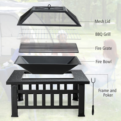 OFFICEJOY 32 inch Outdoor Fire Pit, 3 in 1 Bonfire Wood Burning Fire Pit Table with Spark Screen, BBQ Grill, Poker, Rain Cover, Log Grate, Metal Bonfire Stove Firepit for Outside Backyard Patio