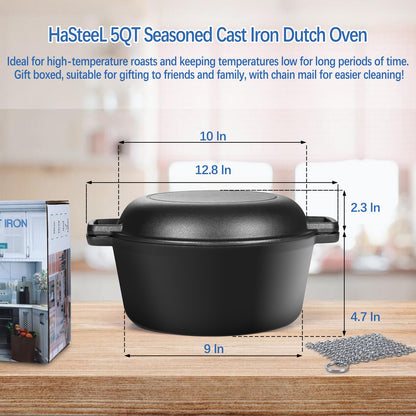 2 in 1 Enameled Cast Iron Dutch Oven, HaSteeL 5 QT Pot & 2 Quart Skillet Lid Pan, Non-Stick Cookware Multi Cooker for Bread Baking Cooking Stewing, Suit for All Cooktops, Dual Handles & Oven Safe,
